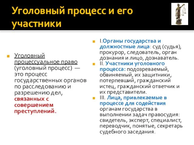 Уголовный процесс и его участники Уголовный процессуальное право (уголовный процесс) — это процесс