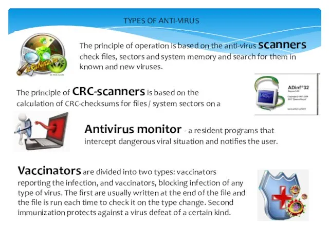 TYPES OF ANTI-VIRUS The principle of operation is based on the anti-virus scanners