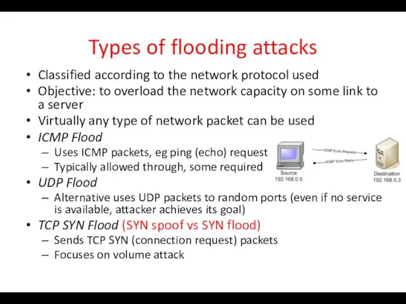 Types of flooding attacks Classified according to the network protocol