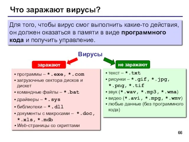 Что заражают вирусы? Вирусы программы – *.exe, *.com загрузочные сектора