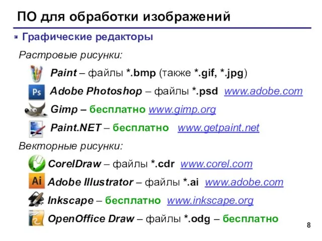 ПО для обработки изображений Графические редакторы Растровые рисунки: Paint –