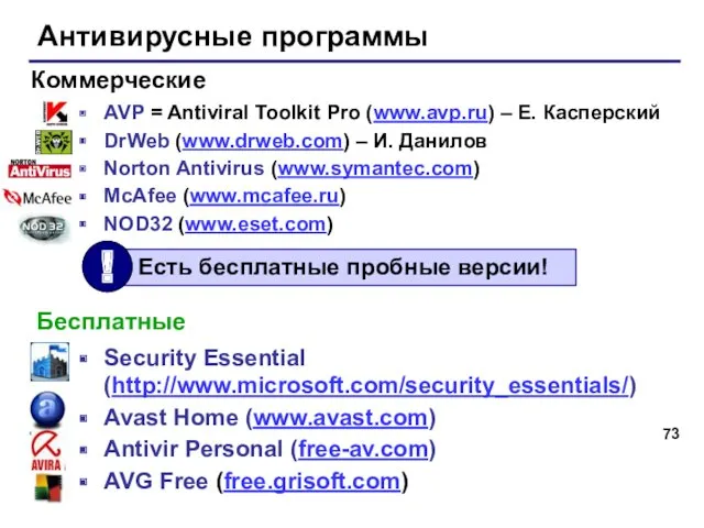 Антивирусные программы AVP = Antiviral Toolkit Pro (www.avp.ru) – Е.