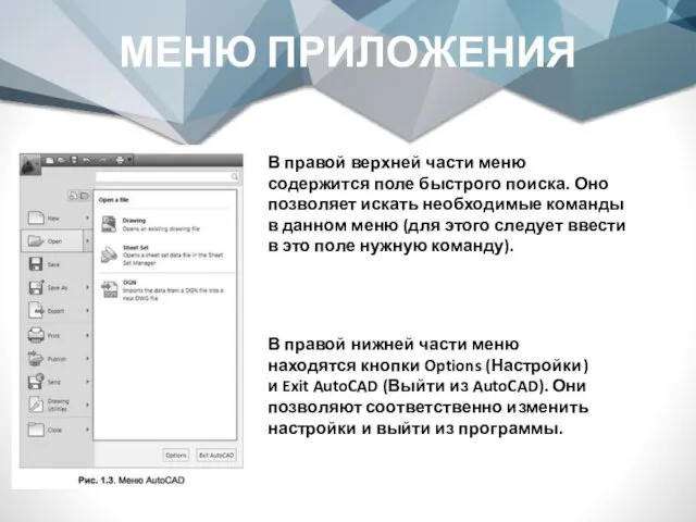 МЕНЮ ПРИЛОЖЕНИЯ В правой верхней части меню содержится поле быстрого