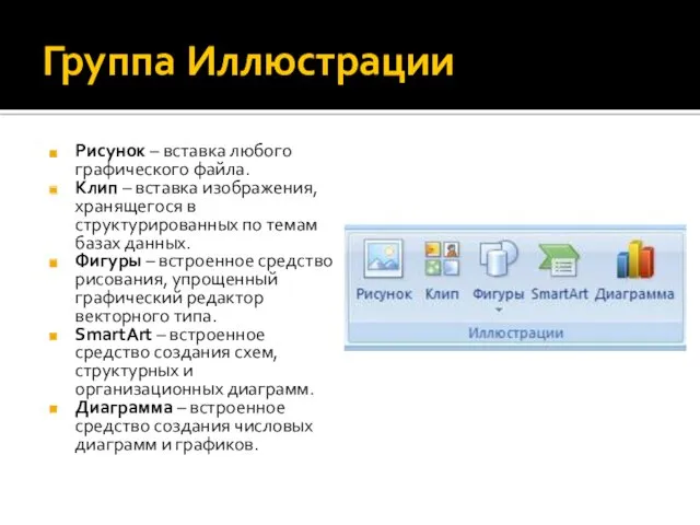 Группа Иллюстрации Рисунок – вставка любого графического файла. Клип –