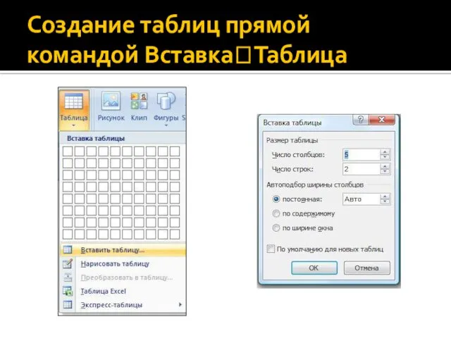 Создание таблиц прямой командой Вставка?Таблица