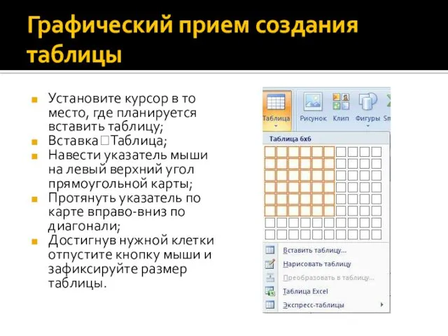 Графический прием создания таблицы Установите курсор в то место, где