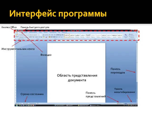 Интерфейс программы Кнопка Office Панель быстрого доступа Инструментальная лента Вкладка