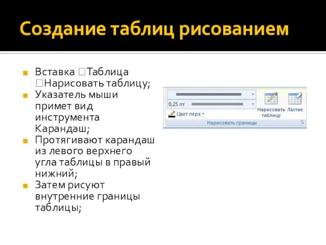 Создание таблиц рисованием Вставка ?Таблица ?Нарисовать таблицу; Указатель мыши примет