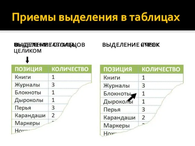 Приемы выделения в таблицах ВЫДЕЛЕНИЕ ТАБЛИЦЫ ЦЕЛИКОМ ВЫДЕЛЕНИЕ СТРОК ВЫДЕЛЕНИЕ СТОЛБЦОВ ВЫДЕЛЕНИЕ ЯЧЕЕК