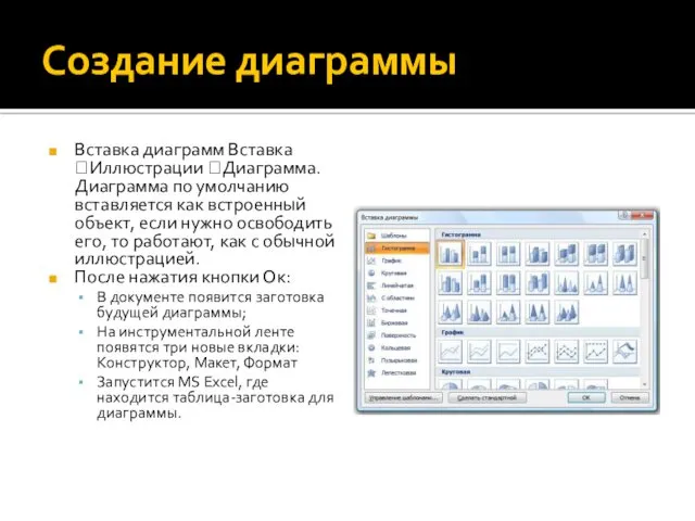 Создание диаграммы Вставка диаграмм Вставка ?Иллюстрации ?Диаграмма. Диаграмма по умолчанию