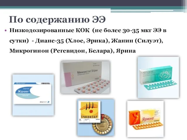 По содержанию ЭЭ Низкодозированные КОК (не более 30-35 мкг ЭЭ