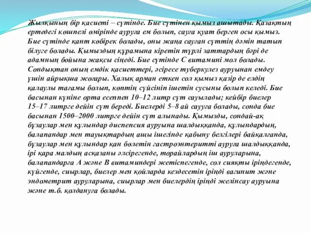 Жылқының бір қасиеті – сүтінде. Бие сүтінен қымыз ашытады. Қазақтың