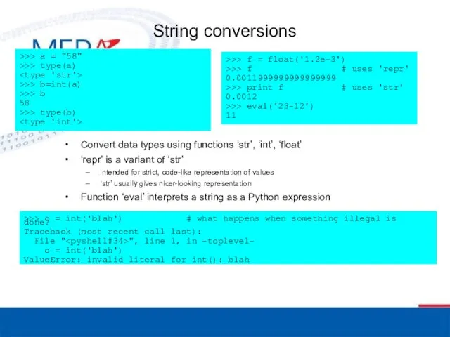 String conversions Convert data types using functions ‘str’, ‘int’, ‘float’