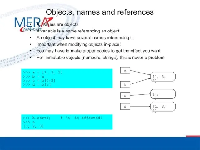 Objects, names and references All values are objects A variable