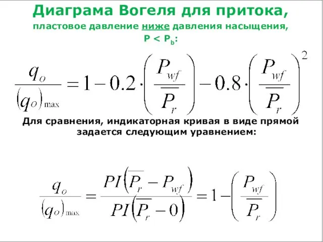 Диаграма Вогеля для притока, пластовое давление ниже давления насыщения, P