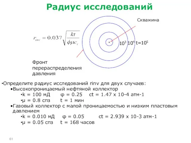 Определите радиус исследований rinv для двух случаев: Высокопроницаемый нефтяной коллектор