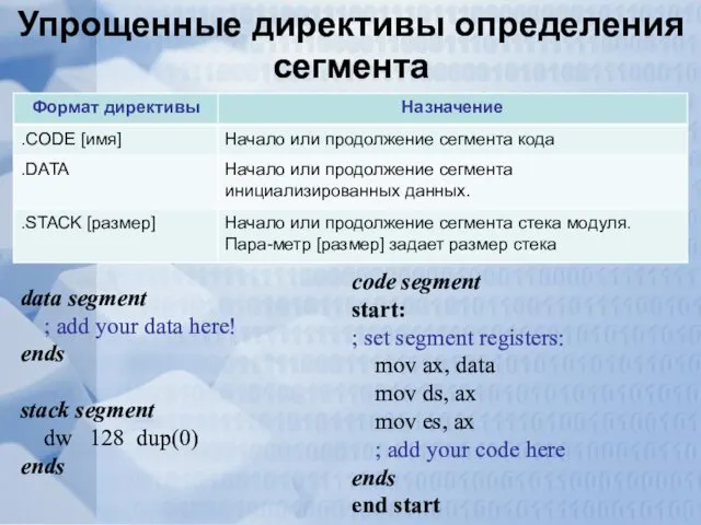 Упрощенные директивы определения сегмента data segment ; add your data