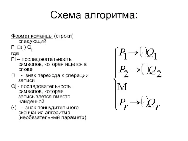 Схема алгоритма: Формат команды (строки) следующий Pi ?(∙) Qj, где