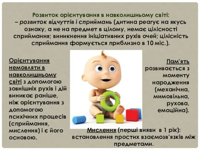 Розвиток орієнтування в навколишньому світі: – розвиток відчуттів і сприймань (дитина реагує на