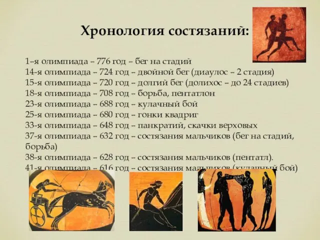 Хронология состязаний: 1–я олимпиада – 776 год – бег на стадий 14-я олимпиада