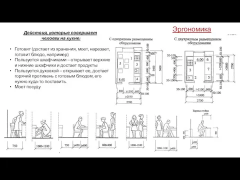 Эргономика кухни Действия, которые совершает человек на кухне: Готовит (достает