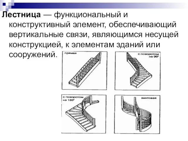 Лестница — функциональный и конструктивный элемент, обеспечивающий вертикальные связи, являющимся