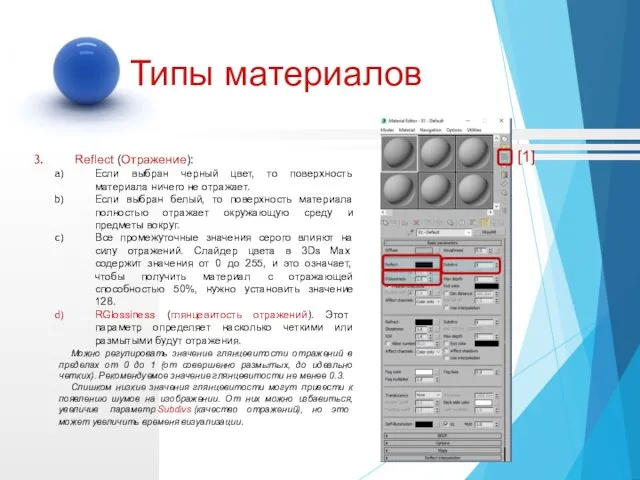 Reflect (Отражение): Если выбран черный цвет, то поверхность материала ничего