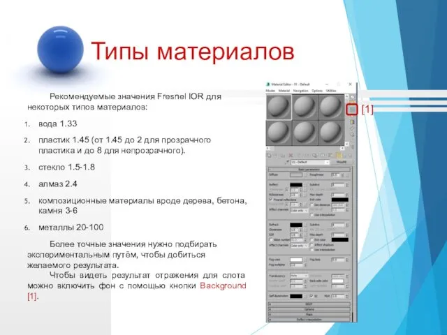 Рекомендуемые значения Fresnel IOR для некоторых типов материалов: вода 1.33