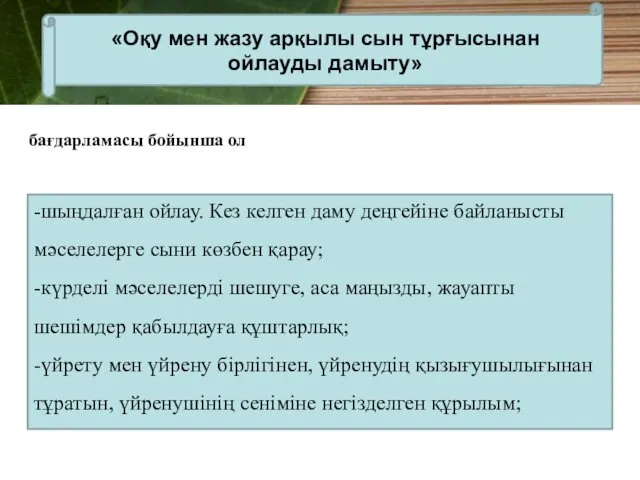 -шыңдалған ойлау. Кез келген даму деңгейіне байланысты мәселелерге сыни көзбен