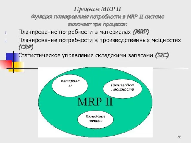 Процессы MRP II Функция планирования потребности в MRP II системе включает три процесса: