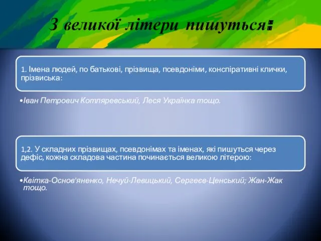 З великої літери пишуться: 1. Імена людей, по батькові, прізвища,