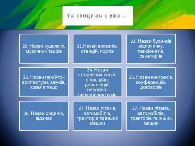 20. Назви художніх, музичних творів 21.Назви вокзалів, станцій, портів 22.