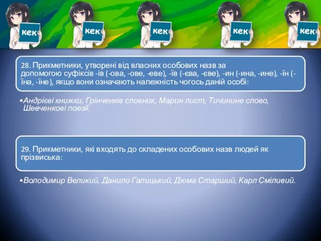 28. Прикметники, утворені від власних особових назв за допомогою суфіксів