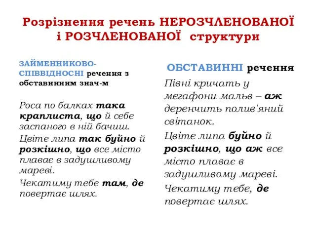 Розрізнення речень НЕРОЗЧЛЕНОВАНОЇ і РОЗЧЛЕНОВАНОЇ структури ЗАЙМЕННИКОВО-СПІВВІДНОСНІ речення з обставинним