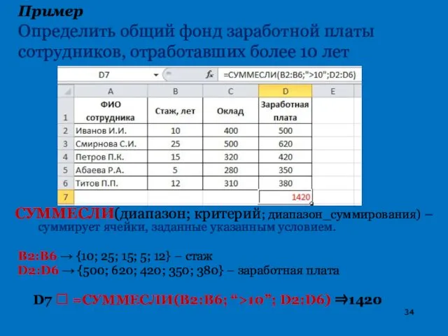 Пример Определить общий фонд заработной платы сотрудников, отработавших более 10