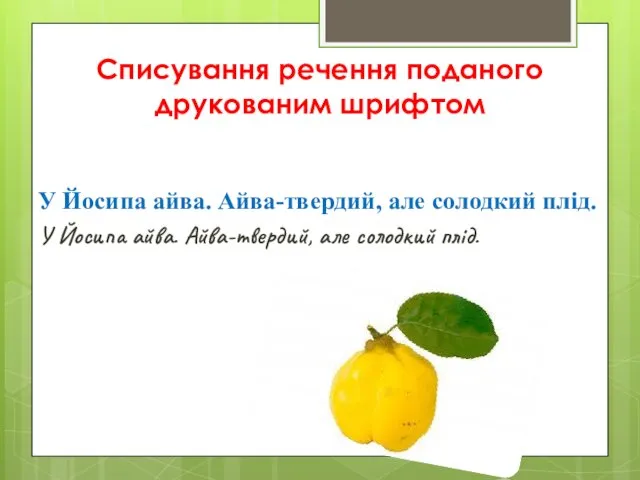 Списування речення поданого друкованим шрифтом У Йосипа айва. Айва-твердий, але