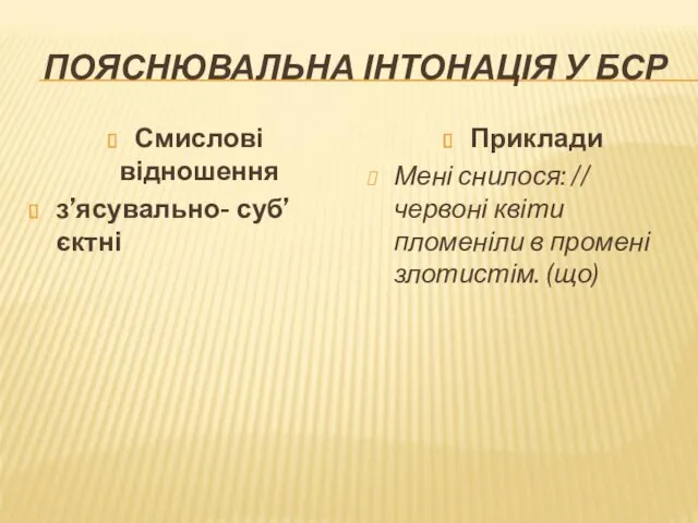 ПОЯСНЮВАЛЬНА ІНТОНАЦІЯ У БСР Смислові відношення з’ясувально- суб’єктні Приклади Мені