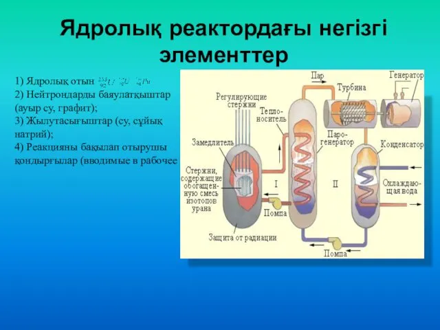 Ядролық реактордағы негізгі элементтер 1) Ядролық отын 2) Нейтрондарды баяулатқыштар