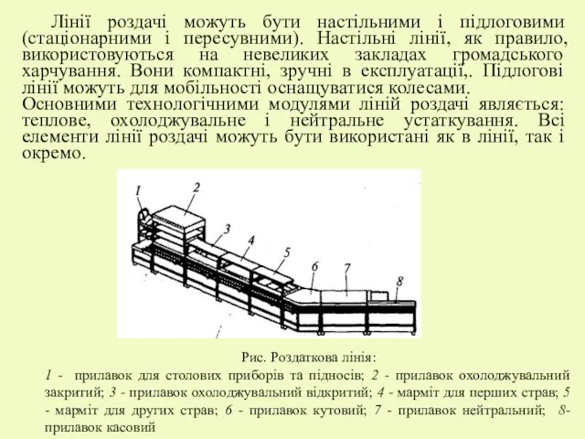 Лінії роздачі можуть бути настільними і підлоговими (стаціонарними і пересувними).