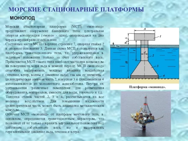 МОРСКИЕ СТАЦИОНАРНЫЕ ПЛАТФОРМЫ МОНОПОД Морская стационарная платформа (МСП) «монопод» представляет