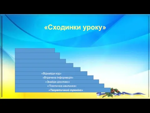 «Теоретичний тренінг» «Поетична хвилинка» «Знайди дієслово» «Втрачена інформація» «Віднайди код» «Сходинки уроку»