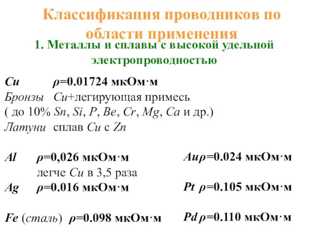 Классификация проводников по области применения 1. Металлы и сплавы с