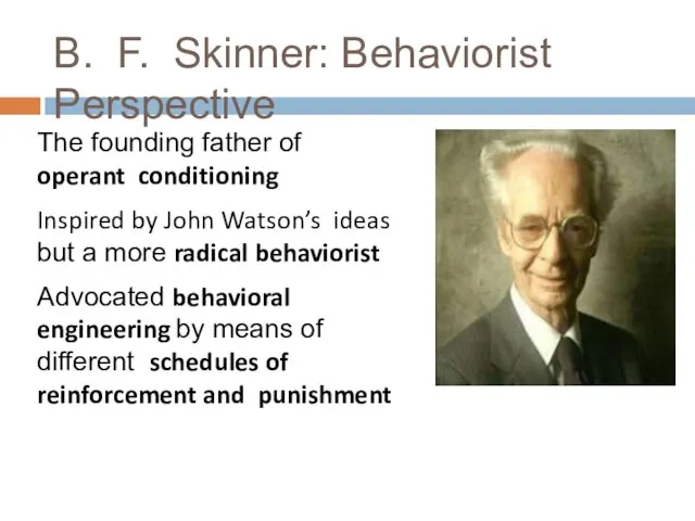 B. F. Skinner: Behaviorist Perspective The founding father of operant