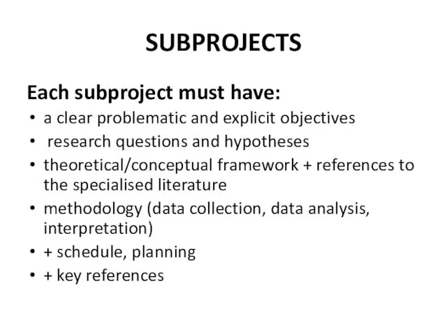 SUBPROJECTS Each subproject must have: a clear problematic and explicit