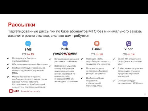 Рассылки Push-уведомления Всплывающее на экране рекламное сообщение Возможность сделать кнопку,