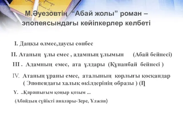 М.Әуезовтің “Абай жолы” роман – эпопеясындағы кейіпкерлер келбеті I. Даңқы