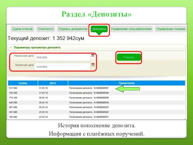 Раздел «Депозиты» История пополнение депозита. Информация с платёжных поручений.