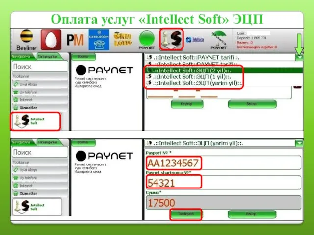 Оплата услуг «Intellect Soft» ЭЦП