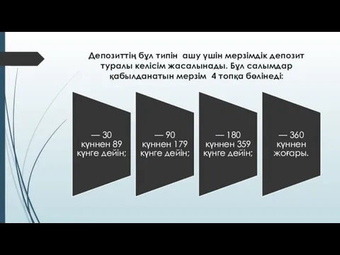 Депозиттің бұл типiн ашу үшін мерзiмдiк депозит туралы келiсiм жасалынады.