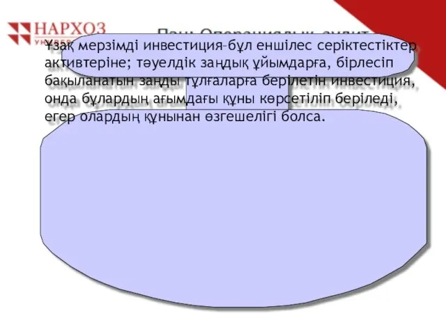 Ұзақ мерзімді инвестиция–бұл еншілес серіктестіктер активтеріне; тәуелдік заңдық ұйымдарға, бірлесіп